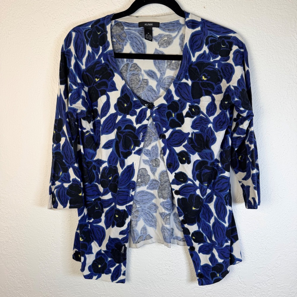 Alfani Womens M Blue Floral Silk Blend 3/4 Sleeve Cardigan Chic Layering Office